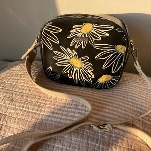 Stella Doca Black Daisy Crossbody Bag with Beige Strap